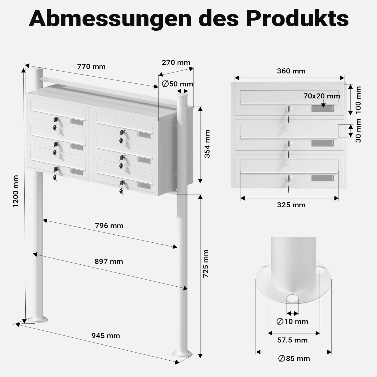 Wiltec 6er Briefkastenanlage weiß 945 x 270 x 1200 mm, Standbriefkasten mit 2x3 Fächern, Schlüssel und Namensschild, Briefkasten Postkasten mit Ständer