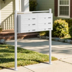 Wiltec 6er Briefkastenanlage weiß 945 x 270 x 1200 mm, Standbriefkasten mit 2x3 Fächern, Schlüssel und Namensschild, Briefkasten Postkasten mit Ständer