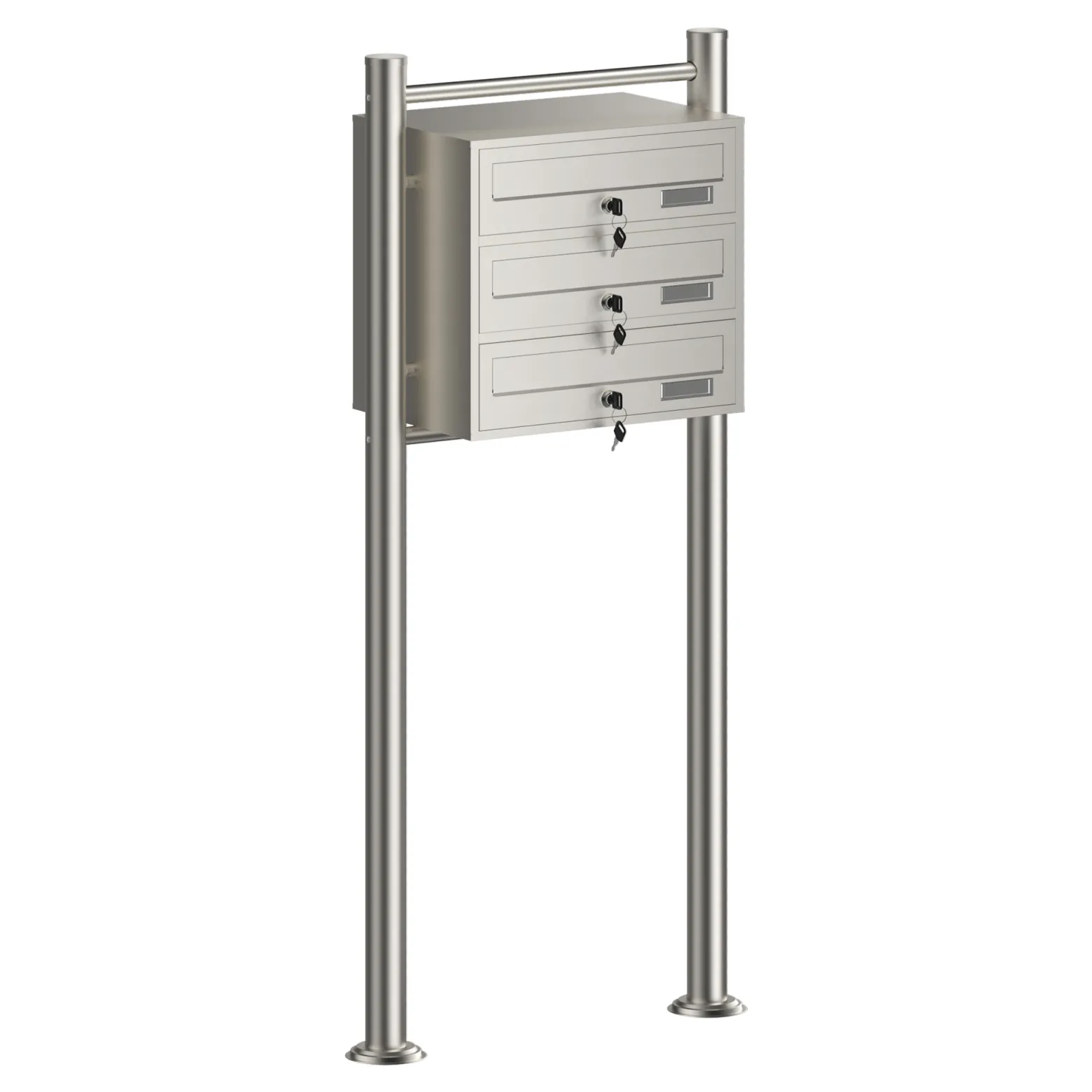 Wiltec 3er Briefkastenanlage Edelstahl 556 x 270 x 1200 mm, Standbriefkasten mit 3 Fächern, Schlüssel und Namensschild, Briefkasten Postkasten mit Ständer