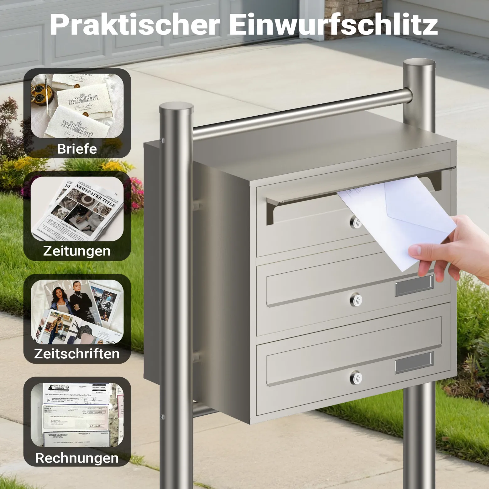 Wiltec 3er Briefkastenanlage Edelstahl 556 x 270 x 1200 mm, Standbriefkasten mit 3 Fächern, Schlüssel und Namensschild, Briefkasten Postkasten mit Ständer