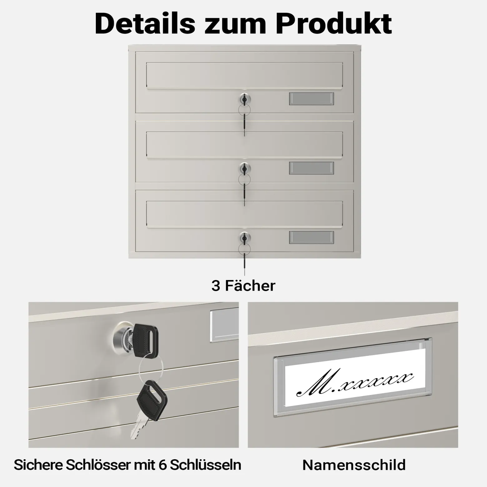 Wiltec 3er Briefkastenanlage Edelstahl 556 x 270 x 1200 mm, Standbriefkasten mit 3 Fächern, Schlüssel und Namensschild, Briefkasten Postkasten mit Ständer