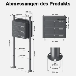 Wiltec 3er Briefkastenanlage Anthrazit 556 x 270 x 1200 mm, Standbriefkasten mit 3 Fächern, Schlüssel und Namensschild, Briefkasten Postkasten mit Ständer