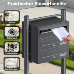 Wiltec 3er Briefkastenanlage Anthrazit 556 x 270 x 1200 mm, Standbriefkasten mit 3 Fächern, Schlüssel und Namensschild, Briefkasten Postkasten mit Ständer