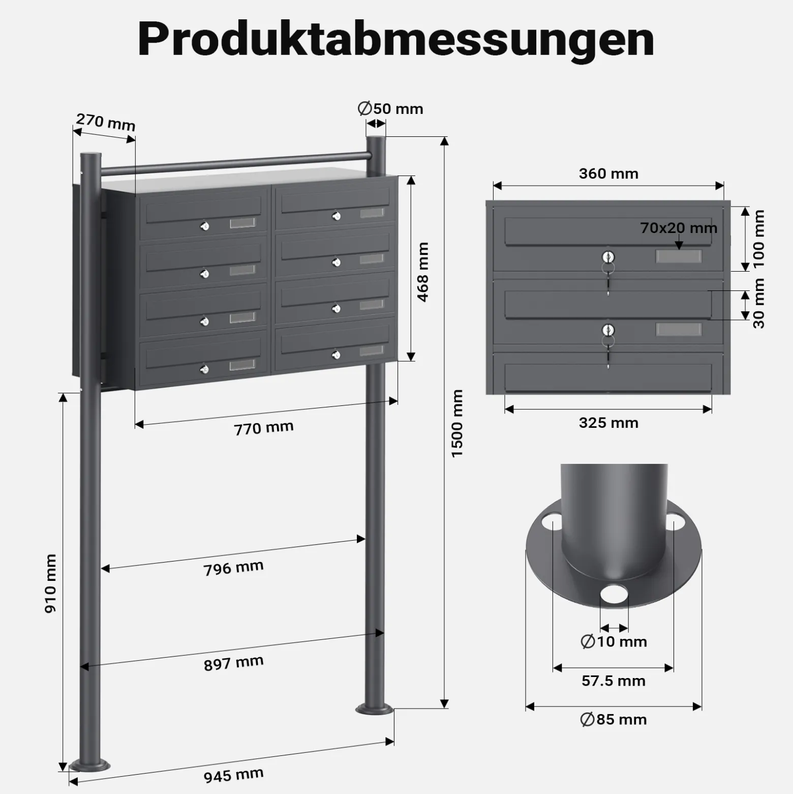 Wiltec 8er Briefkastenanlage Anthrazit 945 x 270 x 1500 mm, Standbriefkasten mit 2x4 Fächern, Schlüssel und Namensschild, Briefkasten Postkasten mit Ständer