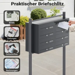 Wiltec 8er Briefkastenanlage Anthrazit 945 x 270 x 1500 mm, Standbriefkasten mit 2x4 Fächern, Schlüssel und Namensschild, Briefkasten Postkasten mit Ständer