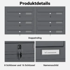 Wiltec 8er Briefkastenanlage Anthrazit 945 x 270 x 1500 mm, Standbriefkasten mit 2x4 Fächern, Schlüssel und Namensschild, Briefkasten Postkasten mit Ständer