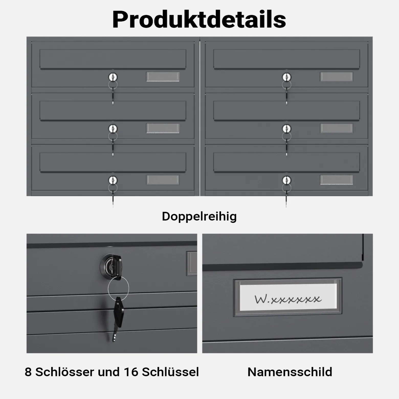 Wiltec 8er Briefkastenanlage Anthrazit 945 x 270 x 1500 mm, Standbriefkasten mit 2x4 Fächern, Schlüssel und Namensschild, Briefkasten Postkasten mit Ständer