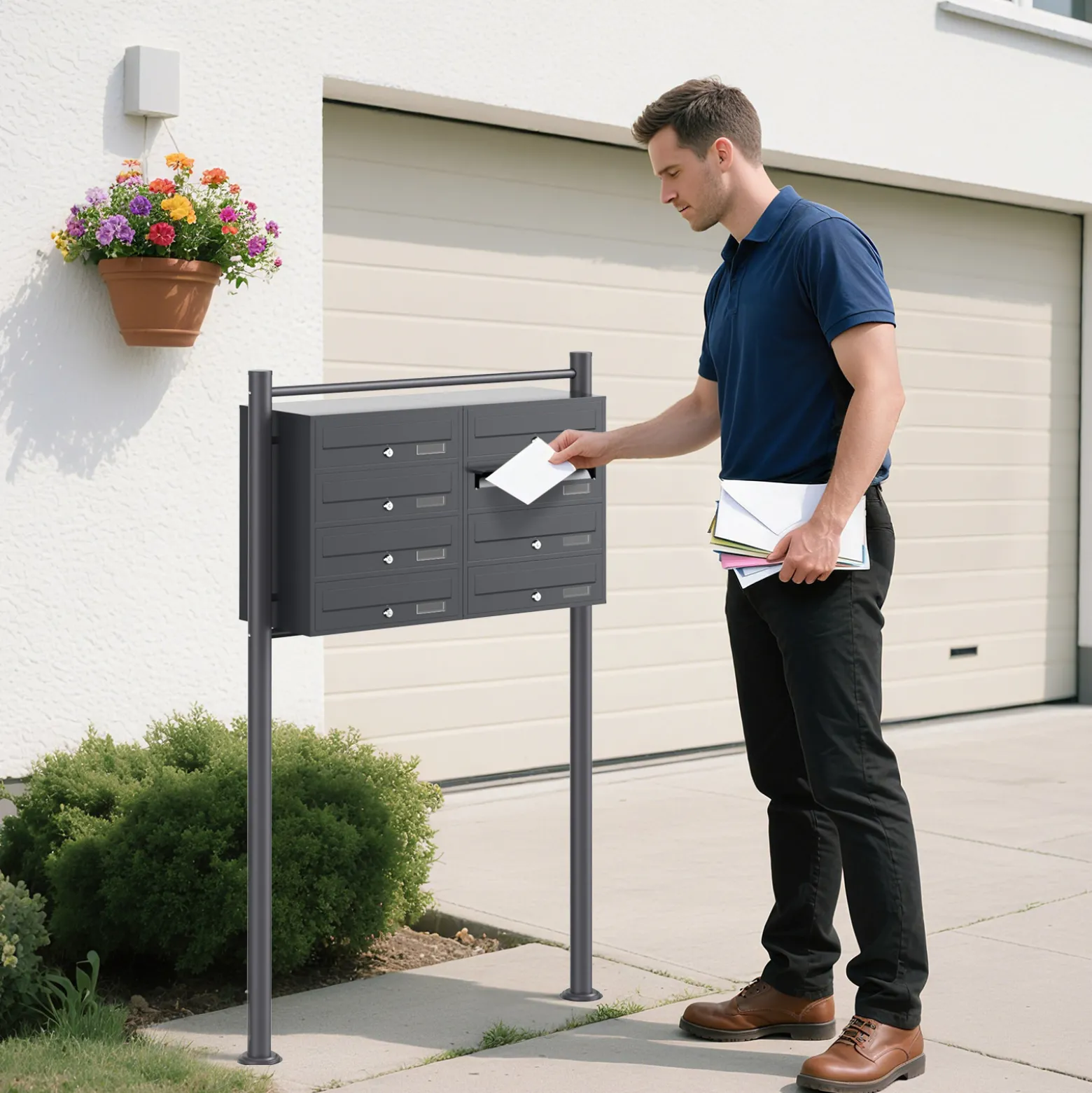 Wiltec 8er Briefkastenanlage Anthrazit 945 x 270 x 1500 mm, Standbriefkasten mit 2x4 Fächern, Schlüssel und Namensschild, Briefkasten Postkasten mit Ständer