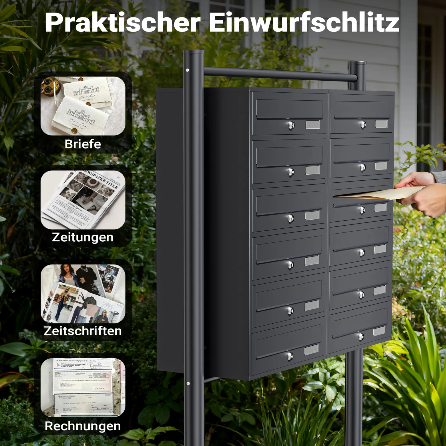 Wiltec 12er Briefkastenanlage Anthrazit 945 x 270 x 1500 mm, Standbriefkasten mit 2x6 Fächern, Schlüssel und Namensschild, Briefkasten Postkasten mit Ständer