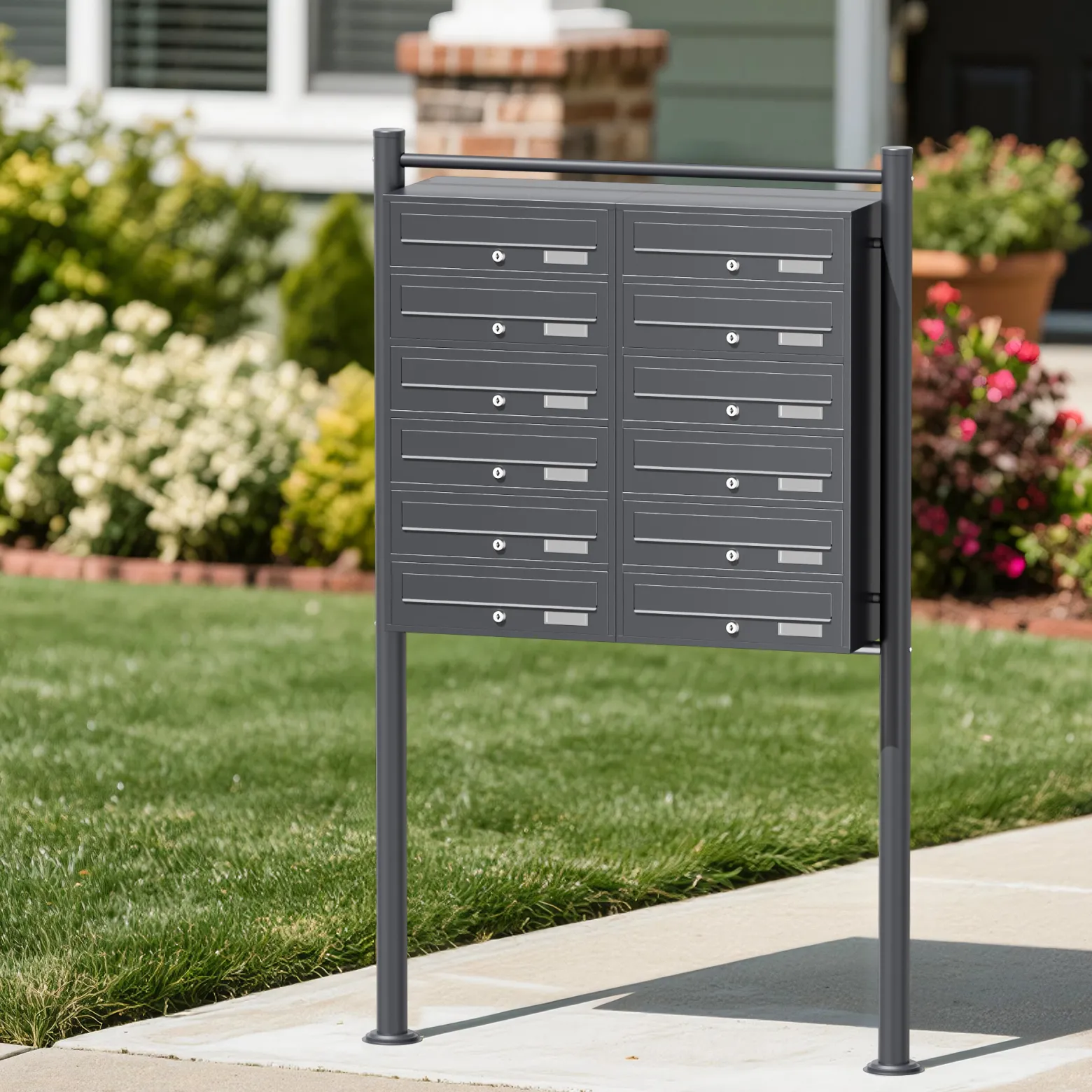 Wiltec 12er Briefkastenanlage Anthrazit 945 x 270 x 1500 mm, Standbriefkasten mit 2x6 Fächern, Schlüssel und Namensschild, Briefkasten Postkasten mit Ständer