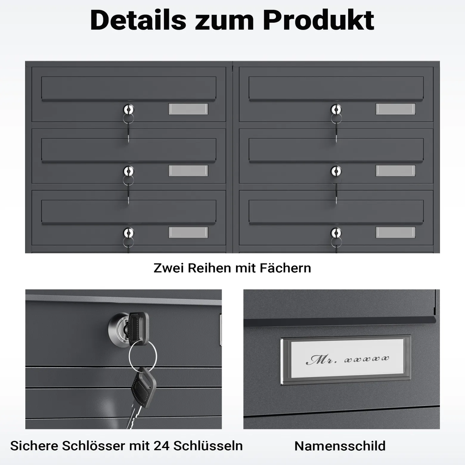 Wiltec 12er Briefkastenanlage Anthrazit 945 x 270 x 1500 mm, Standbriefkasten mit 2x6 Fächern, Schlüssel und Namensschild, Briefkasten Postkasten mit Ständer