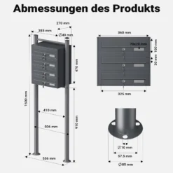 Wiltec 4er Briefkastenanlage Anthrazit 556 x 270 x 1500 mm, Standbriefkasten mit 4 Fächern, Schlüssel und Namensschild, Briefkasten Postkasten mit Ständer