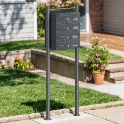 Wiltec 4er Briefkastenanlage Anthrazit 556 x 270 x 1500 mm, Standbriefkasten mit 4 Fächern, Schlüssel und Namensschild, Briefkasten Postkasten mit Ständer