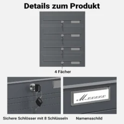 Wiltec 4er Briefkastenanlage Anthrazit 556 x 270 x 1500 mm, Standbriefkasten mit 4 Fächern, Schlüssel und Namensschild, Briefkasten Postkasten mit Ständer