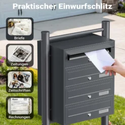 Wiltec 4er Briefkastenanlage Anthrazit 556 x 270 x 1500 mm, Standbriefkasten mit 4 Fächern, Schlüssel und Namensschild, Briefkasten Postkasten mit Ständer