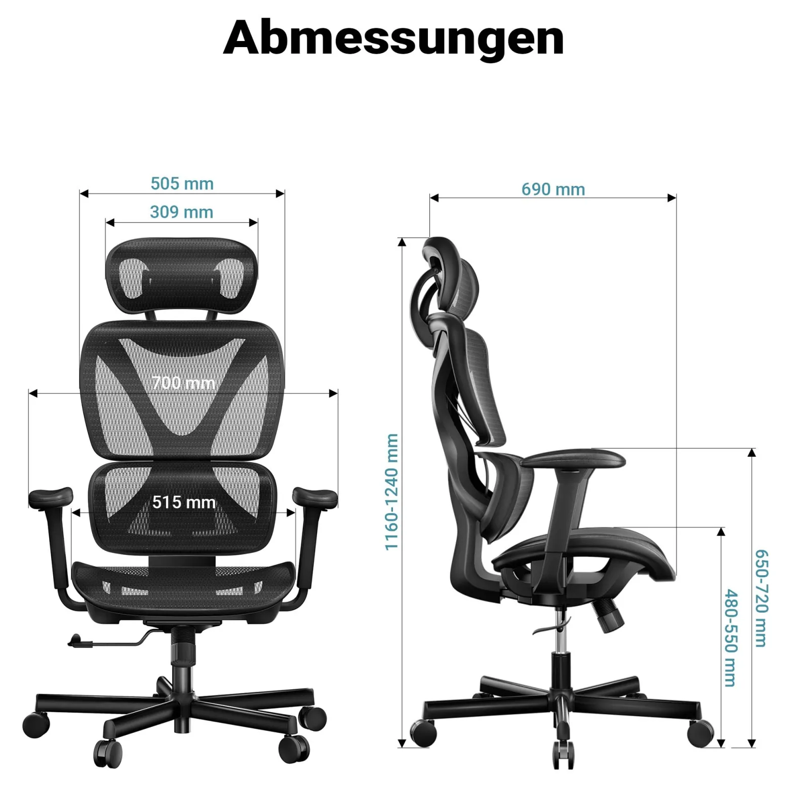 Wiltec Ergonomischer Bürostuhl mit verstellbarer Kopfstütze und Armlehnen, verstellbarer Rückenlehne – rückenschonender Schreibtischstuhl – bis 150 kg belastbar