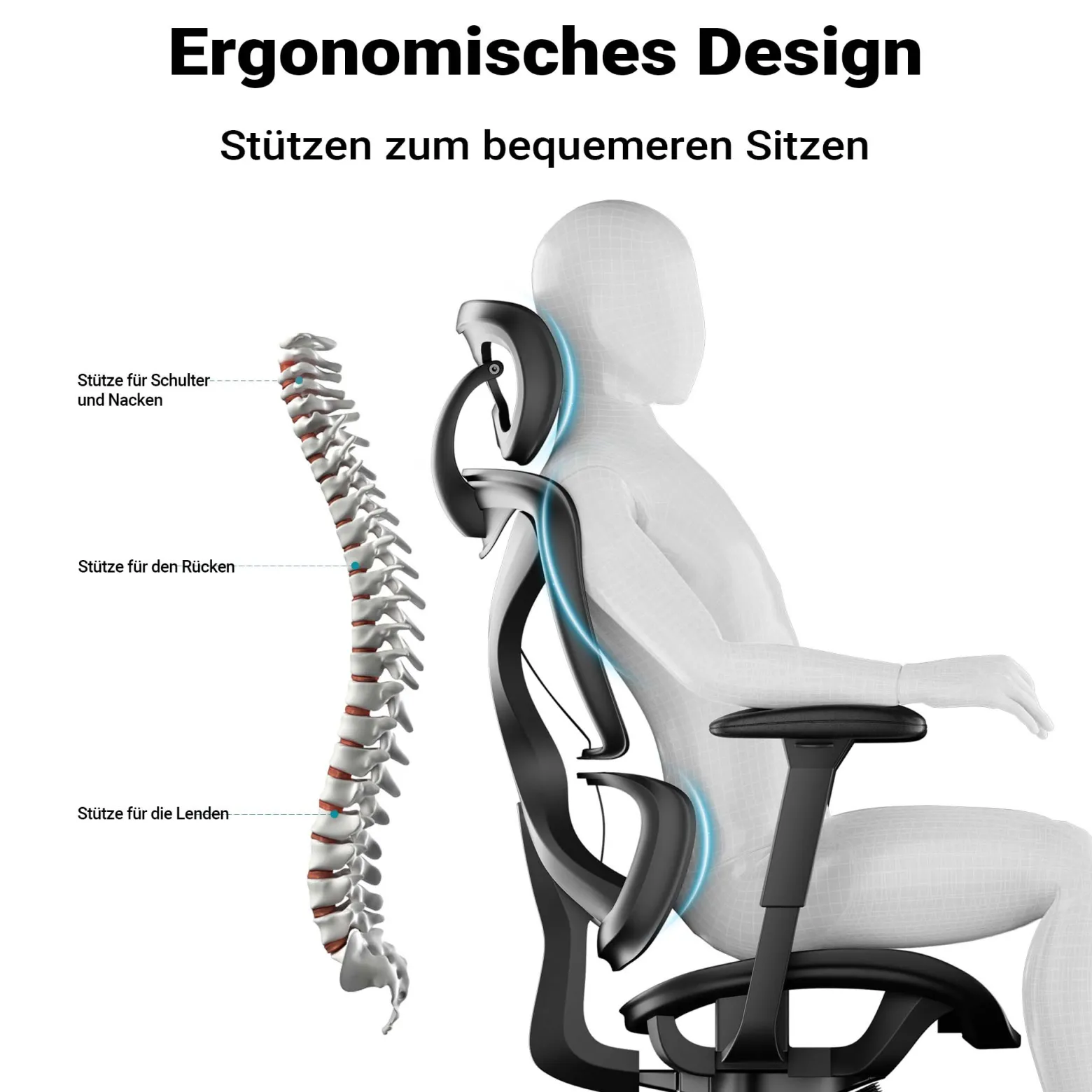 Wiltec Ergonomischer Bürostuhl mit verstellbarer Kopfstütze und Armlehnen, verstellbarer Rückenlehne – rückenschonender Schreibtischstuhl – bis 150 kg belastbar