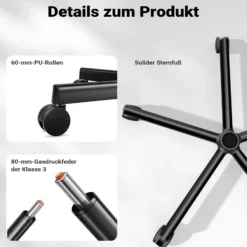 Wiltec Ergonomischer Bürostuhl mit verstellbarer Kopfstütze und Armlehnen, verstellbarer Rückenlehne – rückenschonender Schreibtischstuhl – bis 150 kg belastbar