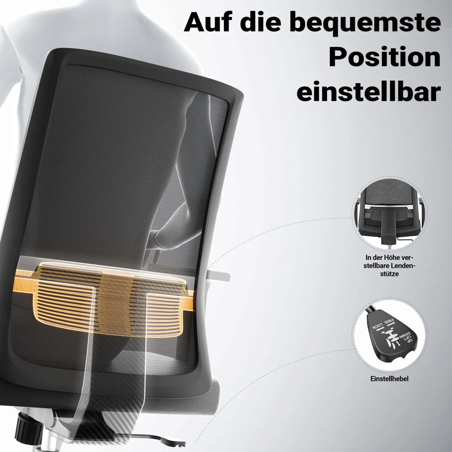 Wiltec Ergonomischer Bürostuhl mit Lendenwirbelstütze – Schreibtischstuhl höhenverstellbar – atmungsaktive Rückenlehne – bis 120 kg belastbar