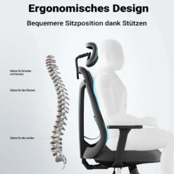 Wiltec Ergonomischer Bürostuhl mit Höhen- und Tiefenverstellung, verstellbarer Kopfstütze und Armlehne – Drehstuhl mit Lendenwirbelstütze – bis 150 kg belastbar
