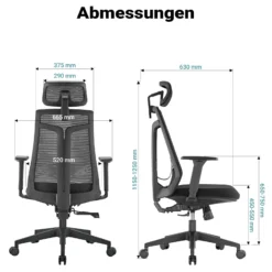 Wiltec Ergonomischer Bürostuhl mit Höhen- und Tiefenverstellung, verstellbarer Kopfstütze und Armlehne – Drehstuhl mit Lendenwirbelstütze – bis 150 kg belastbar
