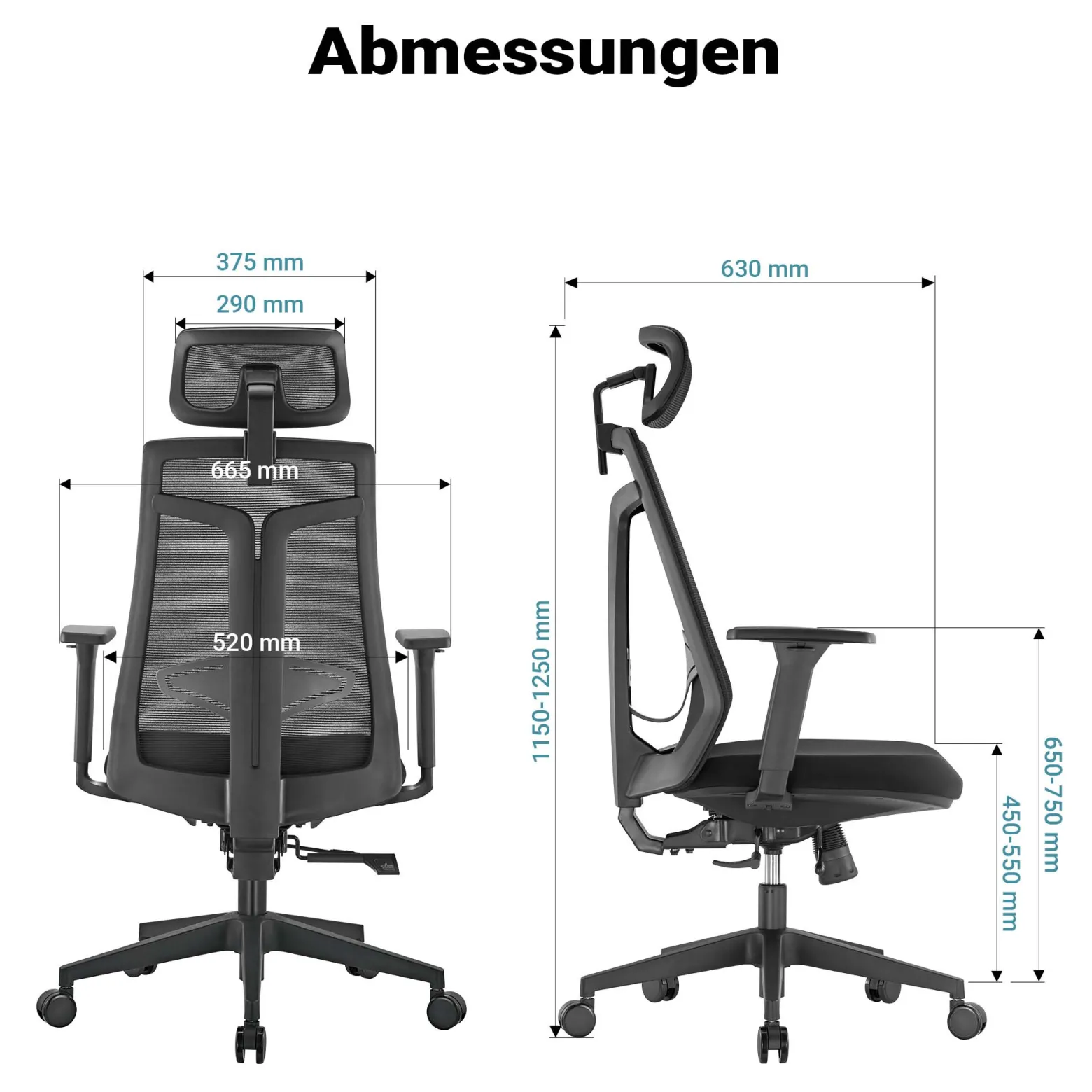 Wiltec Ergonomischer Bürostuhl mit Höhen- und Tiefenverstellung, verstellbarer Kopfstütze und Armlehne – Drehstuhl mit Lendenwirbelstütze – bis 150 kg belastbar