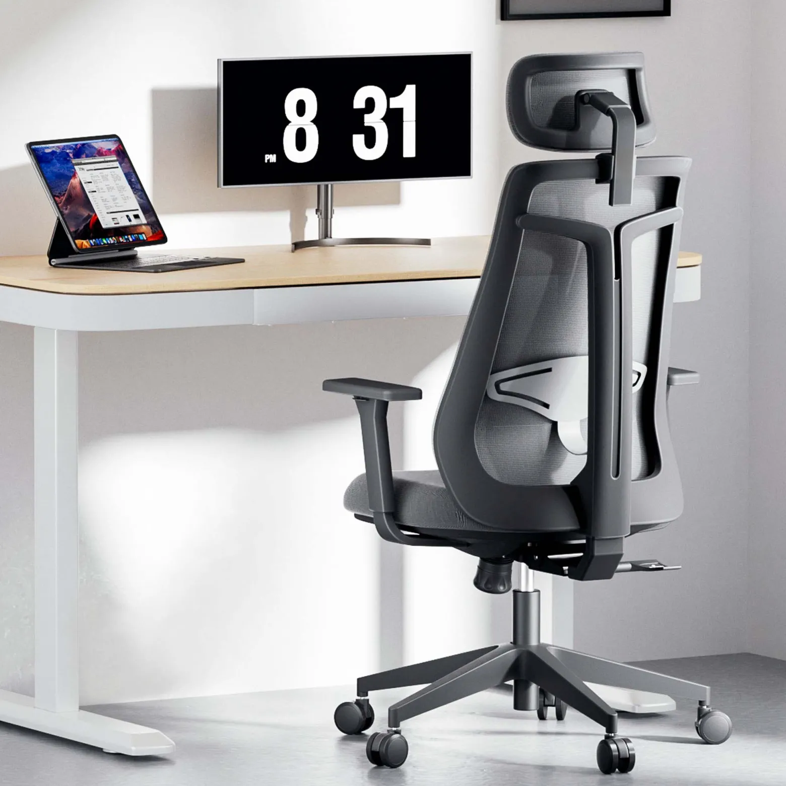 Wiltec Ergonomischer Bürostuhl mit Höhen- und Tiefenverstellung, verstellbarer Kopfstütze und Armlehne – Drehstuhl mit Lendenwirbelstütze – bis 150 kg belastbar
