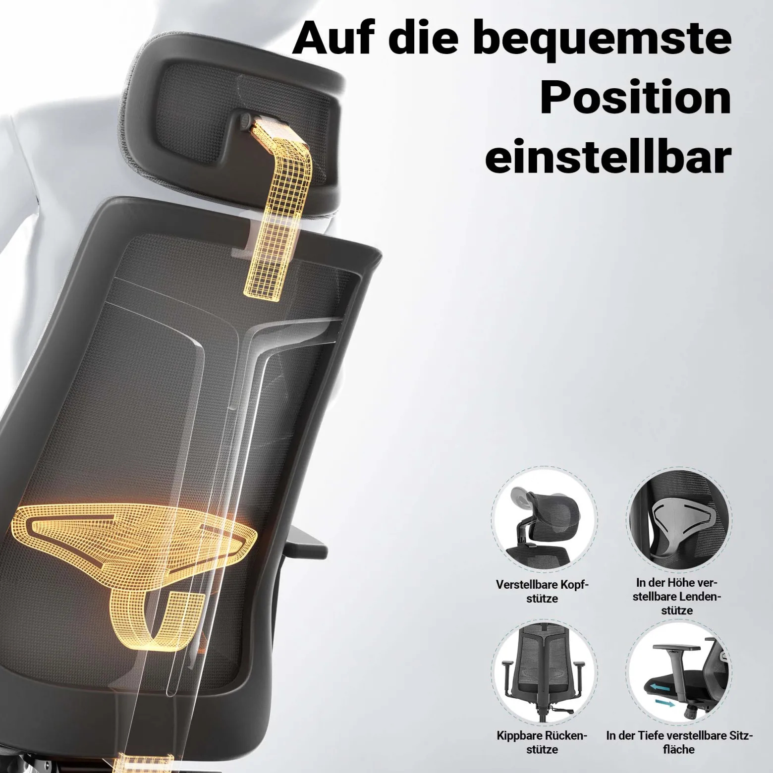 Wiltec Ergonomischer Bürostuhl mit Höhen- und Tiefenverstellung, verstellbarer Kopfstütze und Armlehne – Drehstuhl mit Lendenwirbelstütze – bis 150 kg belastbar