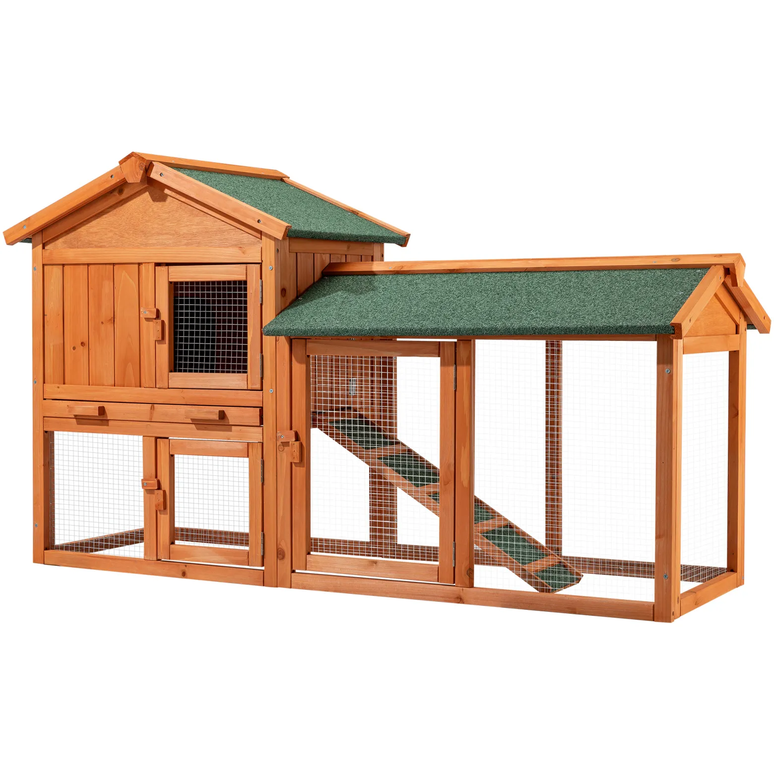 Wiltec 2 Etagen Nagerhaus 1470 x 520 x 855 mm, Hasenstall zweistöckig aus Fichtenholz, mit Bitumeneindeckung und Kotwanne, Kleintierhaus Freilauf Gehege