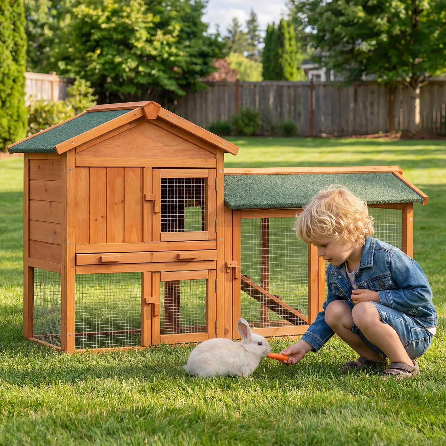 Wiltec 2 Etagen Nagerhaus 1470 x 520 x 855 mm, Hasenstall zweistöckig aus Fichtenholz, mit Bitumeneindeckung und Kotwanne, Kleintierhaus Freilauf Gehege