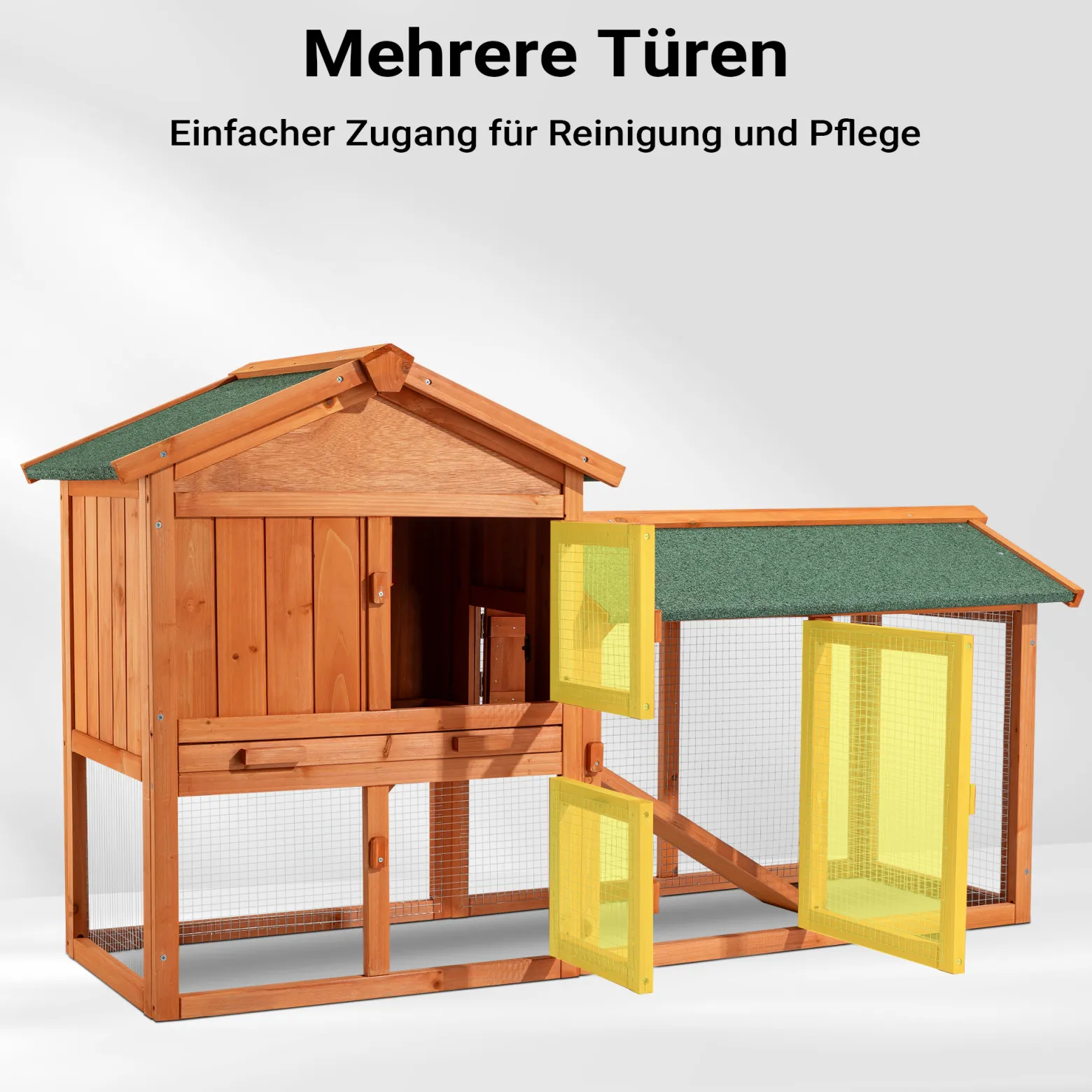 Wiltec 2 Etagen Nagerhaus 1470 x 520 x 855 mm, Hasenstall zweistöckig aus Fichtenholz, mit Bitumeneindeckung und Kotwanne, Kleintierhaus Freilauf Gehege