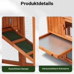 Wiltec 2 Etagen Nagerhaus 1470 x 520 x 855 mm, Hasenstall zweistöckig aus Fichtenholz, mit Bitumeneindeckung und Kotwanne, Kleintierhaus Freilauf Gehege