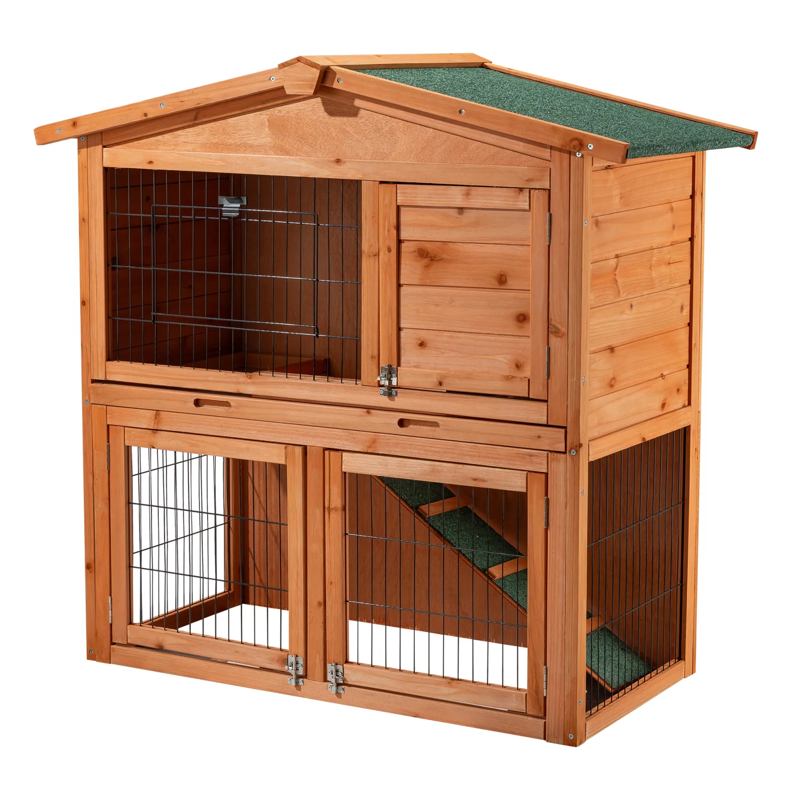 Wiltec 2 Etagen Nagerhaus 1015 x 510 x 1000 mm, Hasenstall zweistöckig aus Fichtenholz, mit Bitumeneindeckung und Kotwanne, Kleintierhaus Freilauf Gehege