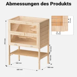 Wiltec 3 Etagen Nagerkäfig, 600 x 400 x 800 mm, aus Holz, mit klappbarem Deckel & Sichtfenster, Kleintierhaus Mäusekäfig Hamsterkäfig