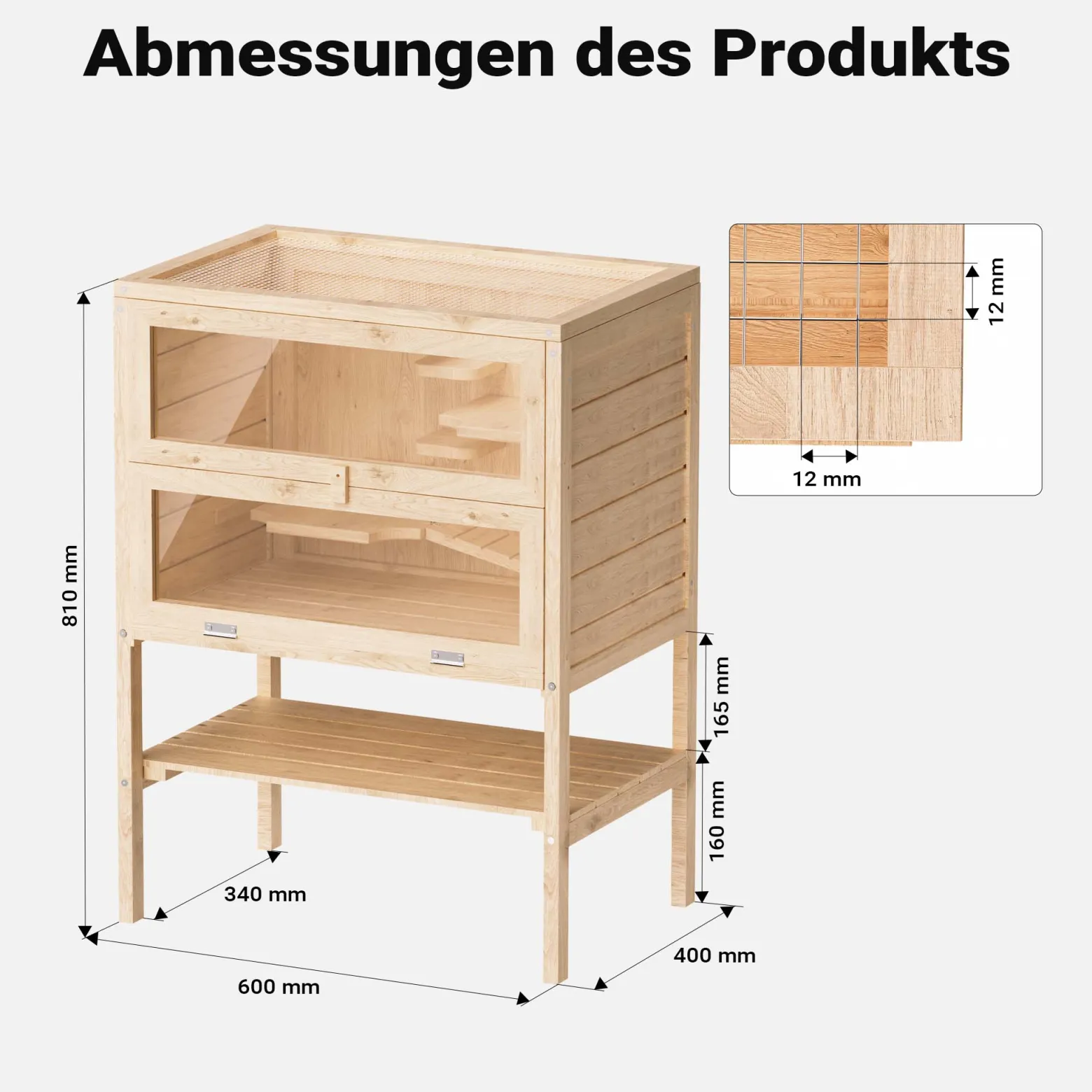 Wiltec 3 Etagen Nagerkäfig, 600 x 400 x 800 mm, aus Holz, mit klappbarem Deckel & Sichtfenster, Kleintierhaus Mäusekäfig Hamsterkäfig
