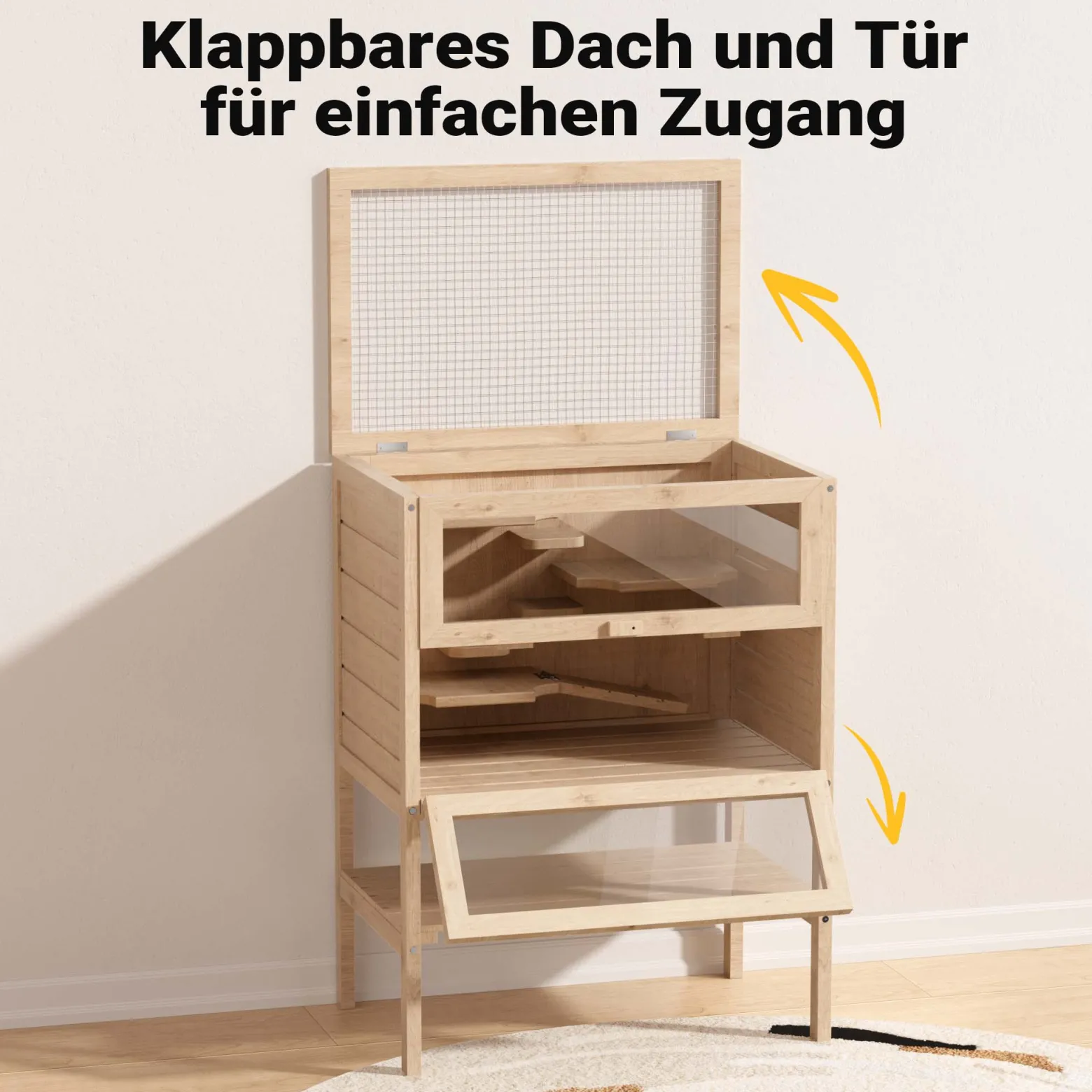 Wiltec 3 Etagen Nagerkäfig, 600 x 400 x 800 mm, aus Holz, mit klappbarem Deckel & Sichtfenster, Kleintierhaus Mäusekäfig Hamsterkäfig