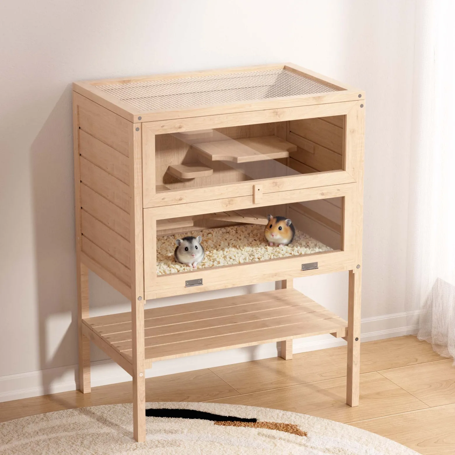 Wiltec 3 Etagen Nagerkäfig, 600 x 400 x 800 mm, aus Holz, mit klappbarem Deckel & Sichtfenster, Kleintierhaus Mäusekäfig Hamsterkäfig