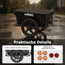 Wiltec Fahrrad Lastenanhänger 158x69x51 cm bis 80 kg, Fahrradanhänger mit 90 L Transportwanne, Kupplung und Luftreifen, Handwagen Anhänger für Fahrrad