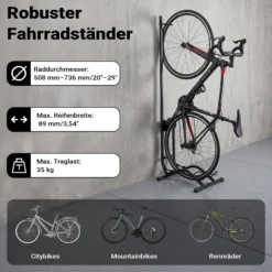 Wiltec Fahrradständer vertikal Typ 02 Universal Fahrradhalter 400 x 460 x 1300 mm bis 35 kg, Radständer mit höhenverstellbaren Ratschenhaken mit Push In System