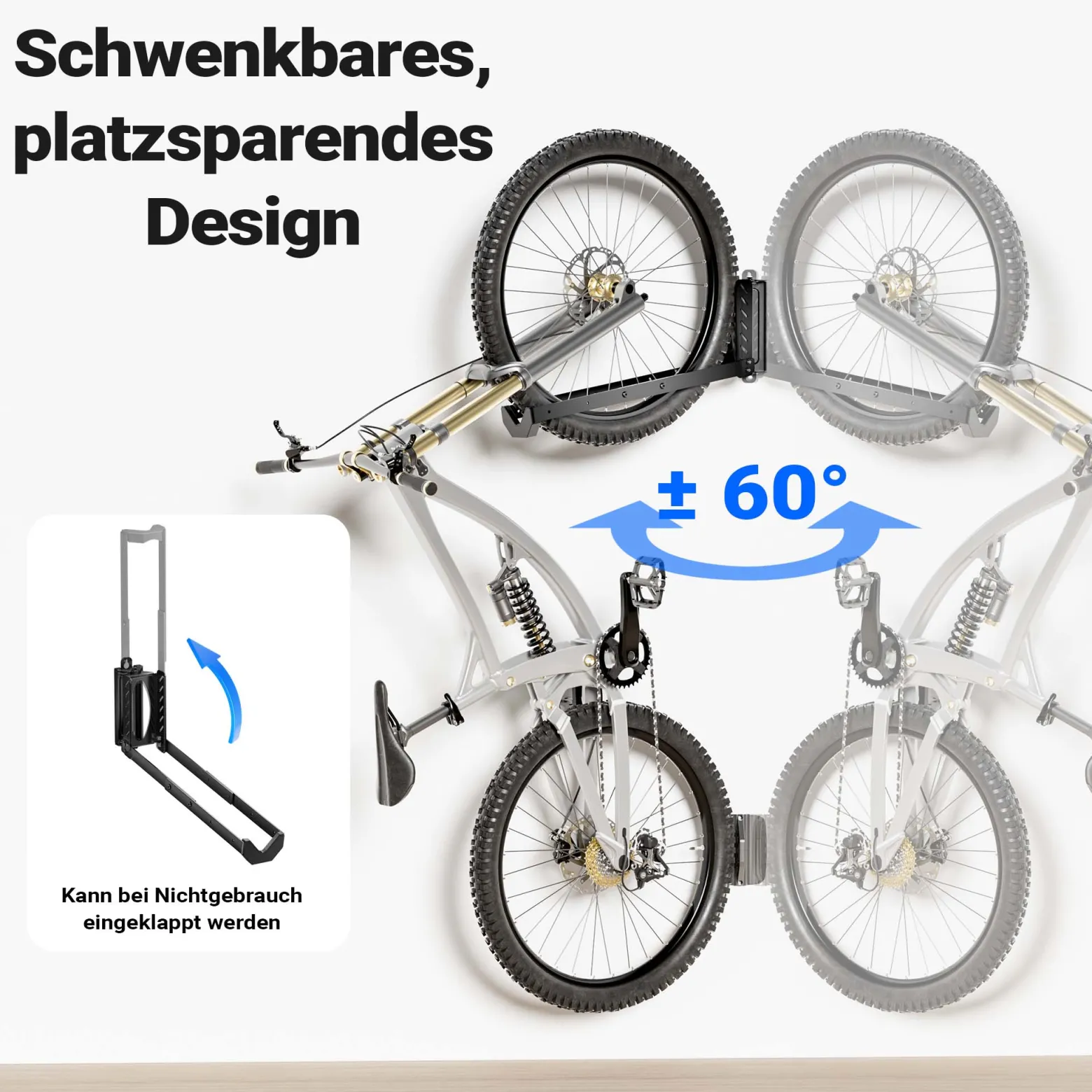 Wiltec Fahrrad Wandhalterung 11,8 x 30,7-34 x 43,8-62,5 cm bis 35 kg, Fahrradhalterung universell, faltbare Fahrradaufhängung mit Schwenkarm