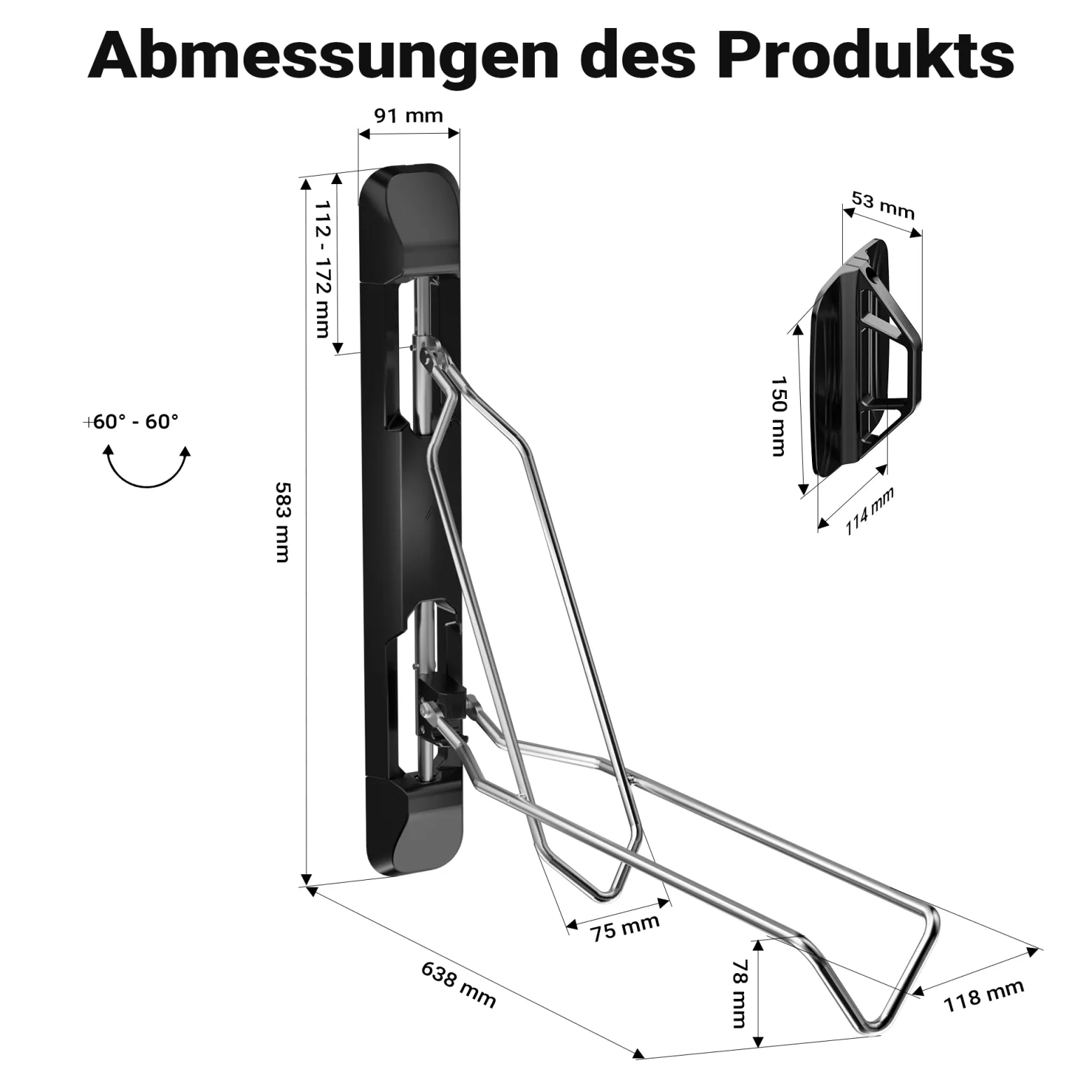 Wiltec Fahrrad Wandhalterung 11,8 x 63,8 x 58,3 cm bis 35 kg, Universal Fahrradhalterung höhenverstellbar, Fahrradaufhängung faltbar mit Schwenkarm