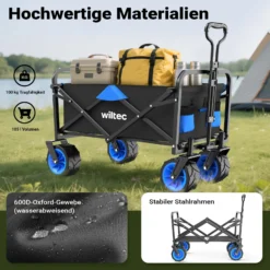 Wiltec Faltbarer Bollerwagen mit breiten Rädern, Faltbollerwagen Offroad geeignet, Strandbollerwagen mit Handgriff, stabiler Klappbollerwagen