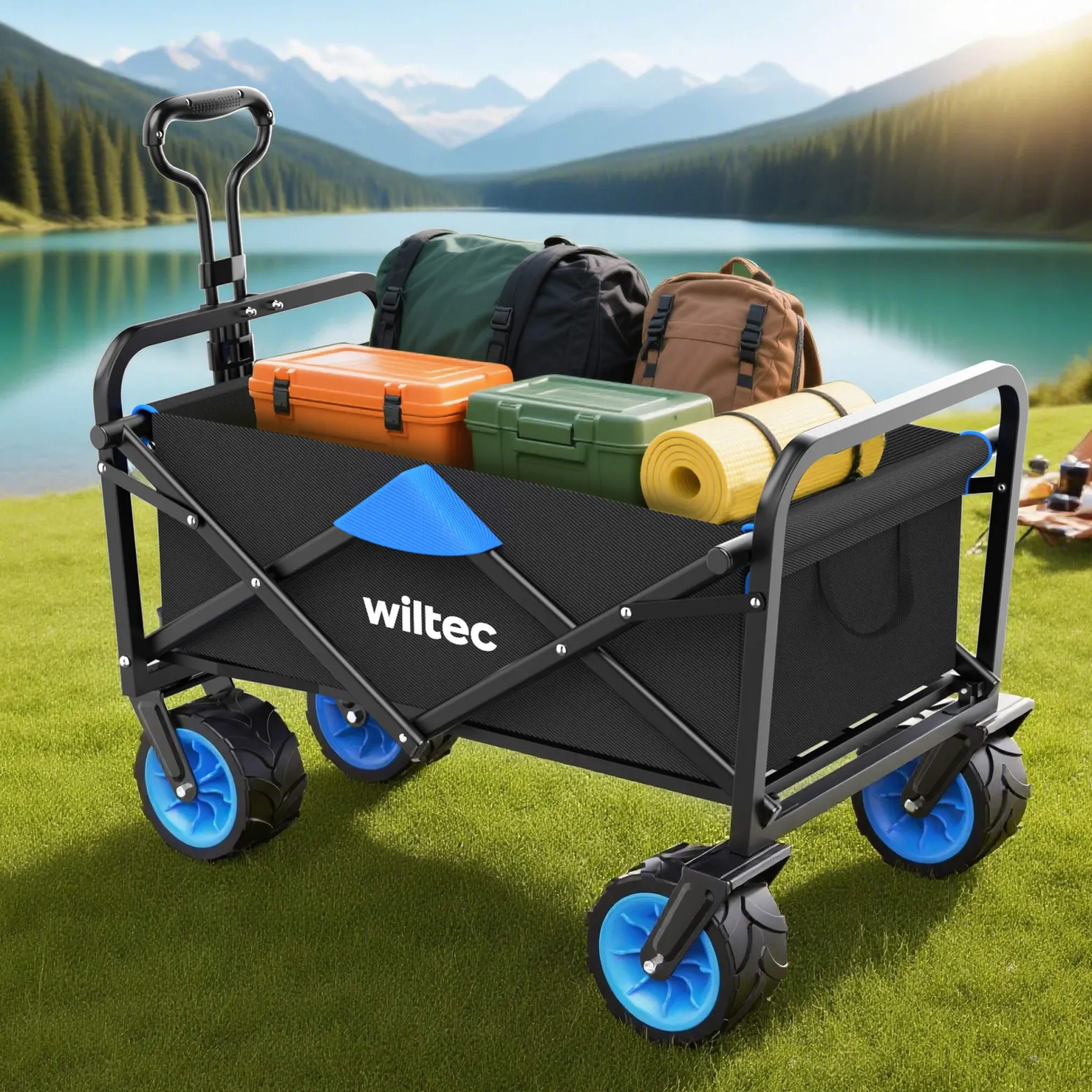 Wiltec Faltbarer Bollerwagen mit breiten Rädern, Faltbollerwagen Offroad geeignet, Strandbollerwagen mit Handgriff, stabiler Klappbollerwagen