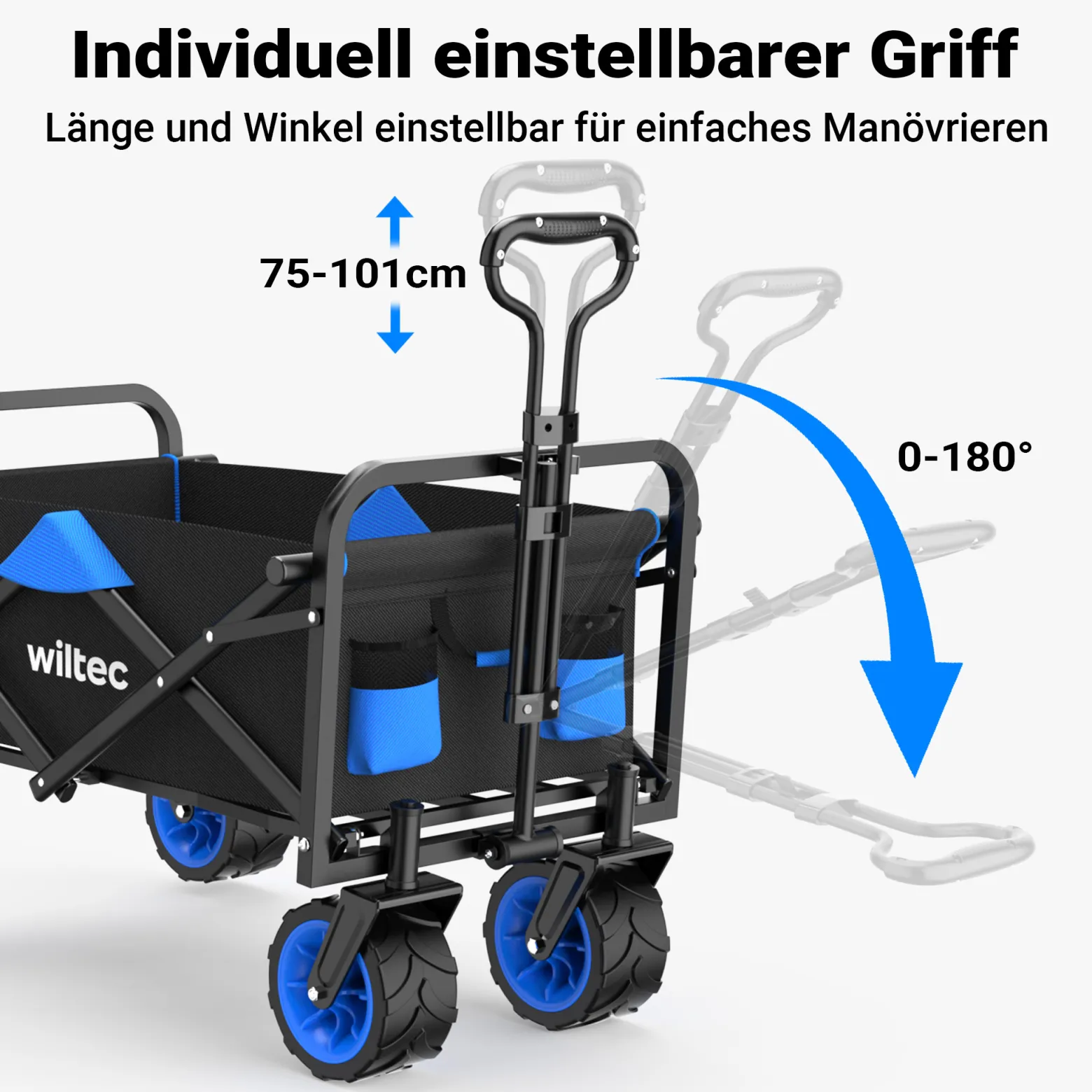 Wiltec Faltbarer Bollerwagen mit breiten Rädern, Faltbollerwagen Offroad geeignet, Strandbollerwagen mit Handgriff, stabiler Klappbollerwagen