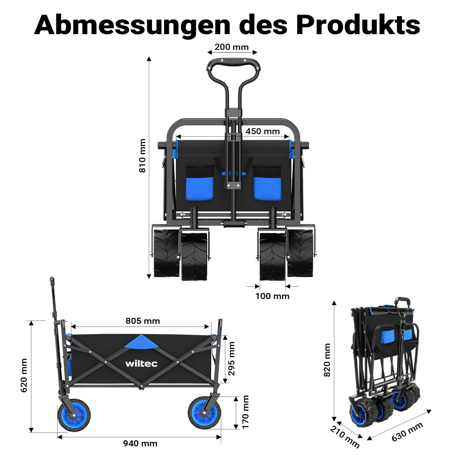 Wiltec Faltbarer Bollerwagen mit breiten Rädern, Faltbollerwagen Offroad geeignet, Strandbollerwagen mit Handgriff, stabiler Klappbollerwagen