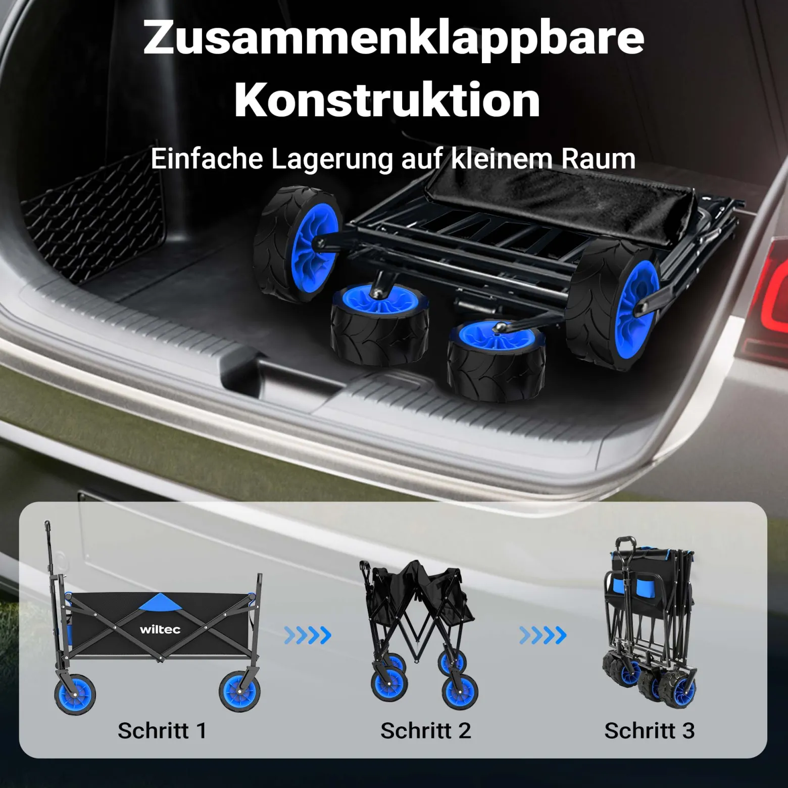 Wiltec Faltbarer Bollerwagen mit breiten Rädern, Faltbollerwagen Offroad geeignet, Strandbollerwagen mit Handgriff, stabiler Klappbollerwagen