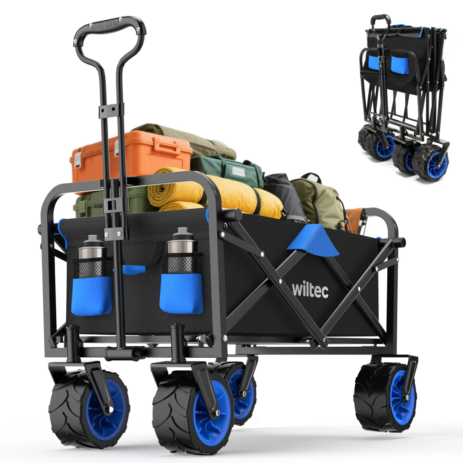 Wiltec Faltbarer Bollerwagen mit breiten Rädern, Faltbollerwagen Offroad geeignet, Strandbollerwagen mit Handgriff, stabiler Klappbollerwagen