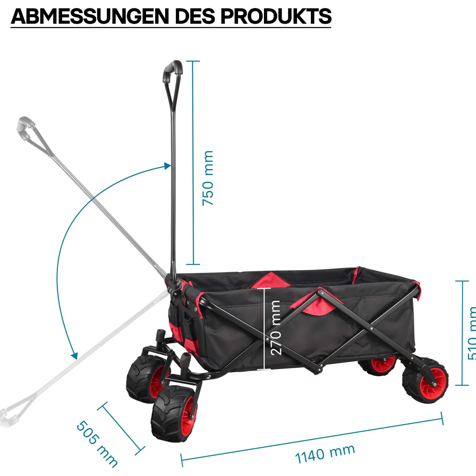 Wiltec Faltbarer Bollerwagen mit Kunststoffrädern, Faltbollerwagen für 80 kg max. Ladegewicht, Klappbollerwagen für den Garten oder Ausflüge