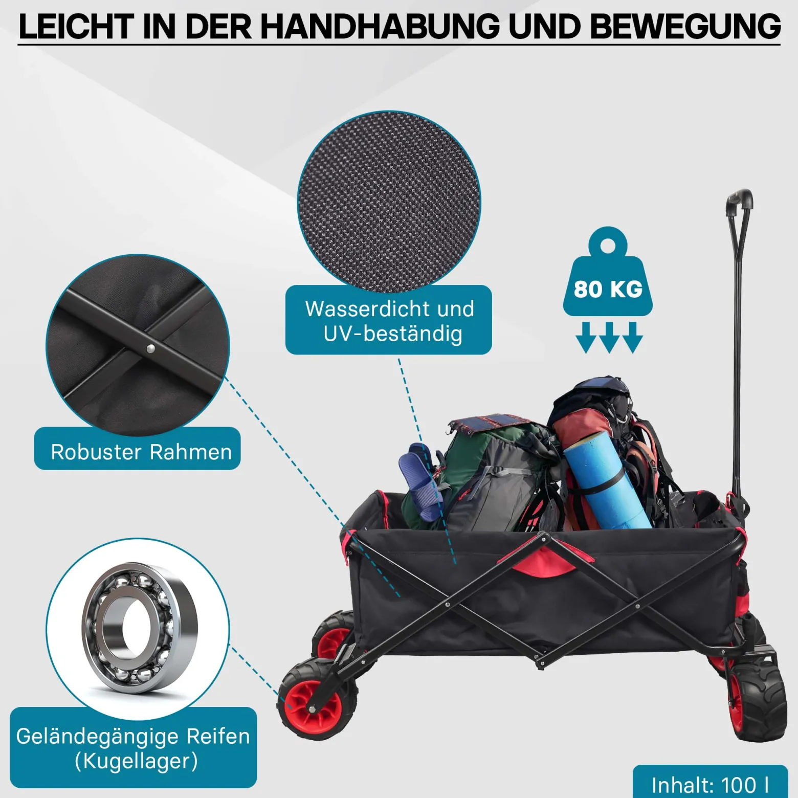 Wiltec Faltbarer Bollerwagen mit Kunststoffrädern, Faltbollerwagen für 80 kg max. Ladegewicht, Klappbollerwagen für den Garten oder Ausflüge