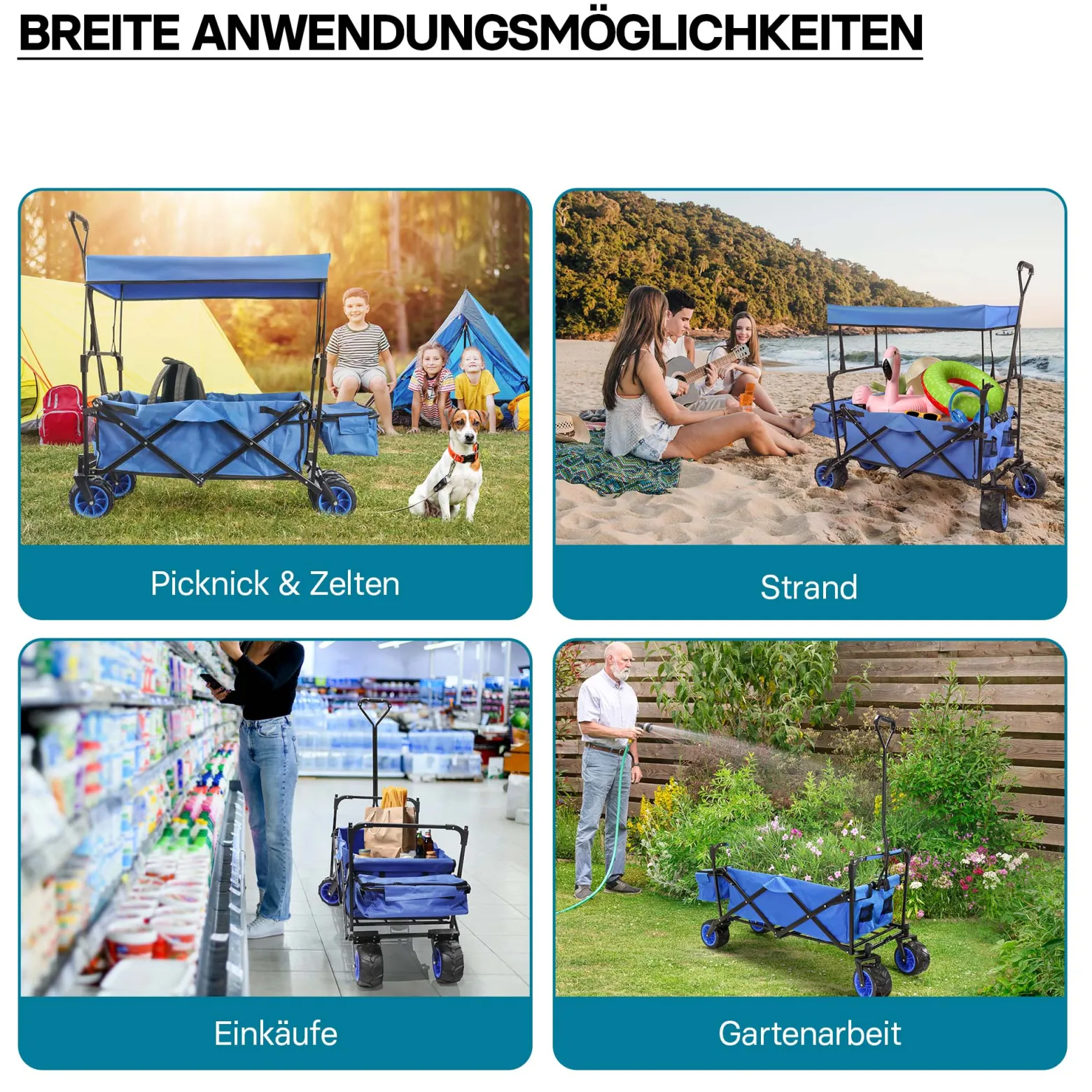 Wiltec Faltbarer Bollerwagen mit Sonnendach, Faltbollerwagen für max. 70 kg, Klappbollerwagen mit großer Ladefläche und Taschen, offroad geeignet